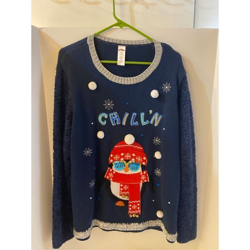 Holiday Time‎ Christmas sweater ChillN XXL Blue Tinsel 3D rn#52469